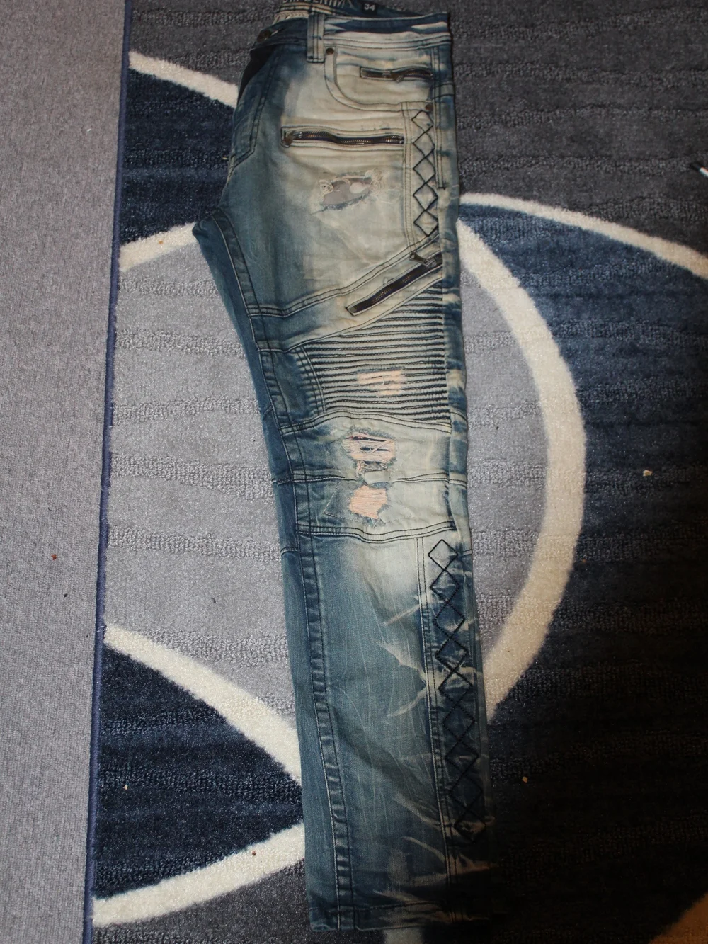 Slim Straight Men's Jeans in Washed Blue - Modern Biker Detail